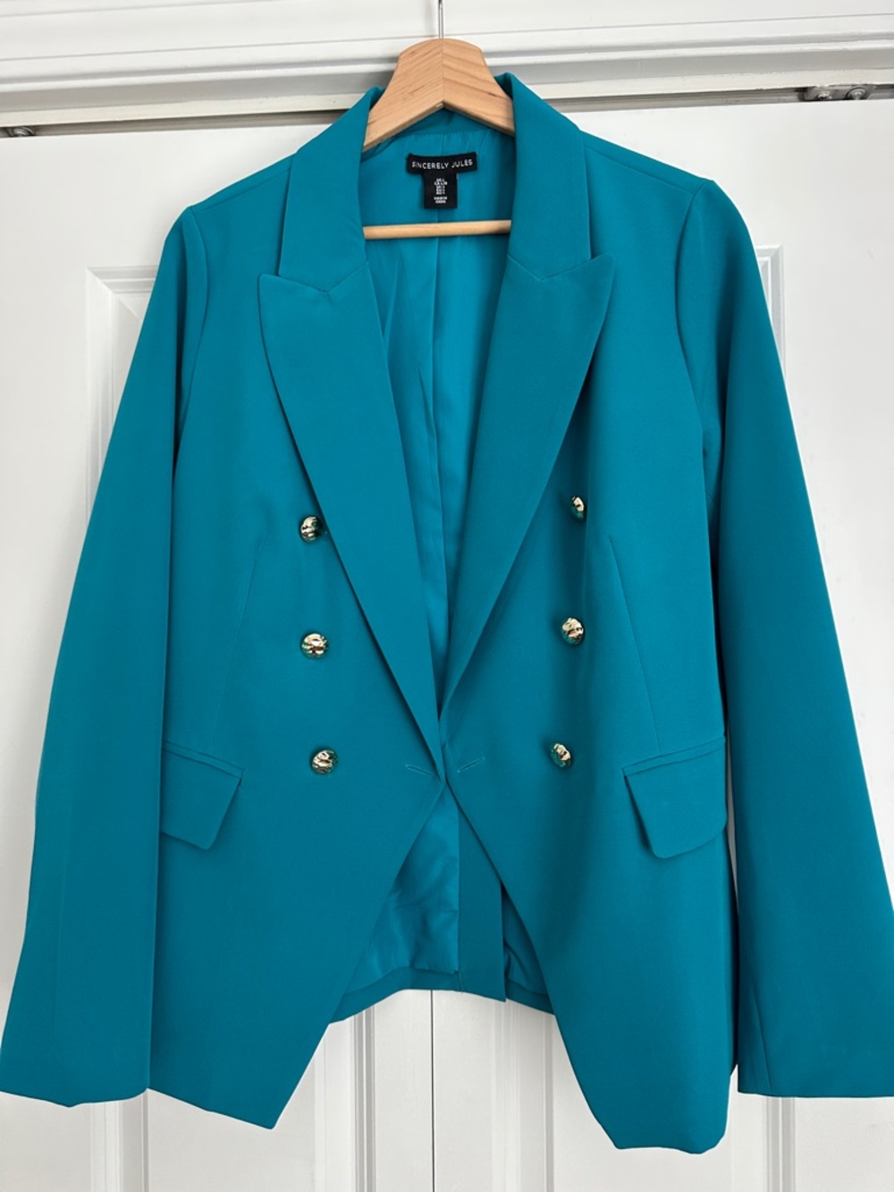 Sincerly Jules Vibrant Teal Double-Breasted Blazer with Gold Buttons
